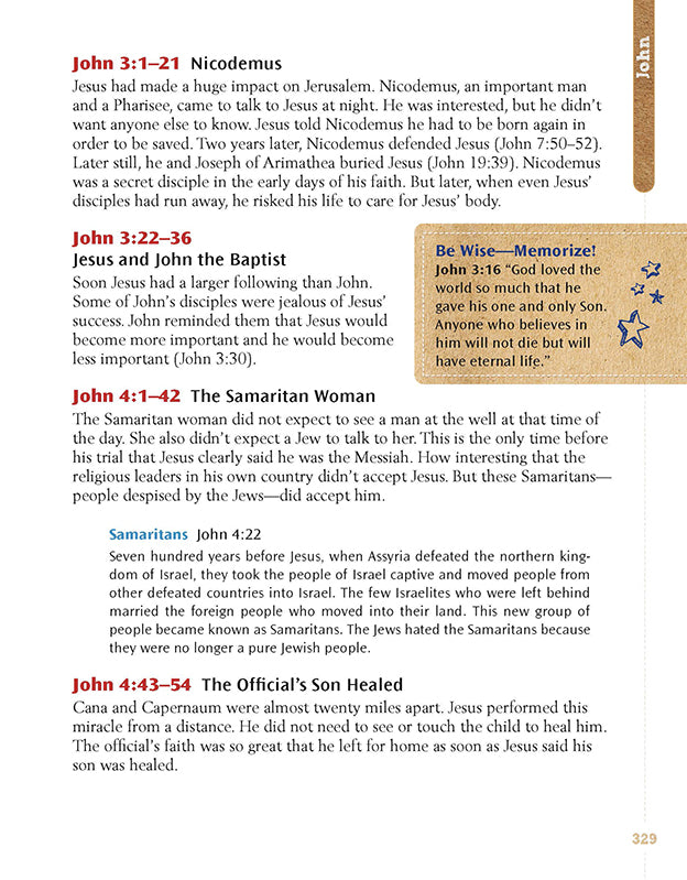 Interactive kids’ Bible study page exploring Nicodemus, John the Baptist, and the Samaritan woman in John chapters 3 and 4, with memory verses and cultural insights.