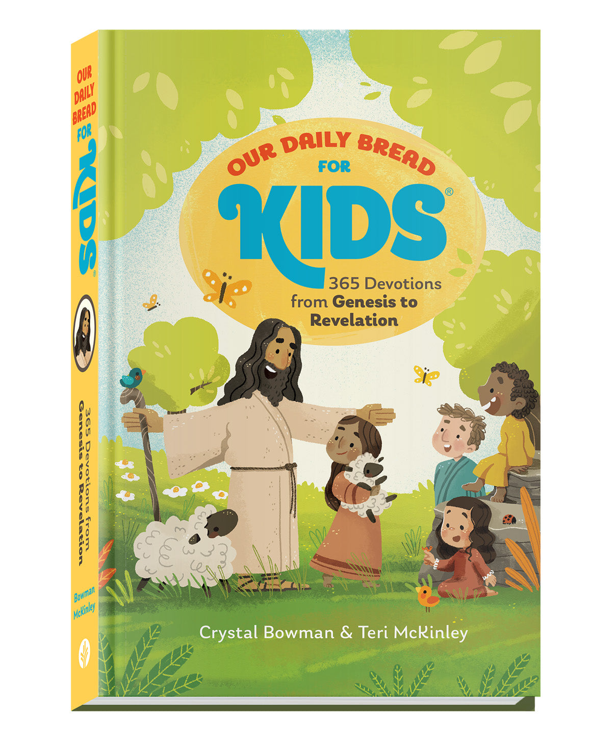 Children's book cover titled “Our Daily Bread for Kids”. It shows a joyful scene with a bearded man in a robe, children, a sheep, trees, birds, and butterflies.