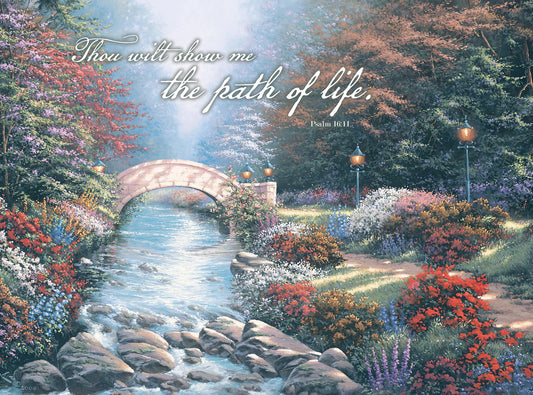 A small stone bridge arches over a stream that winds through a flower-filled forest. Has gas lamps lining a path next to the stream and over the bridge.