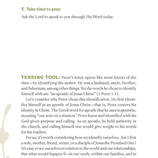Page from Day 1 with a writing and prayer prompt, featuring minimal decorative elements on a white background from women's Bible study on 1 Peter