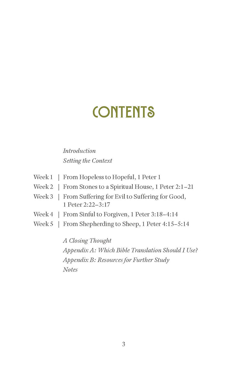Table of contents for a women's Bible Study on 1 Peter, with chapter headings including From Hopeless to Hopeful and From Suffering for Evil to Suffering for Good