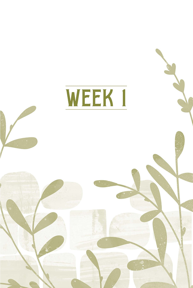 Decorative introduction page for 'Week 1' of 1 Peter women's Bible Study with leaf designs on a light background