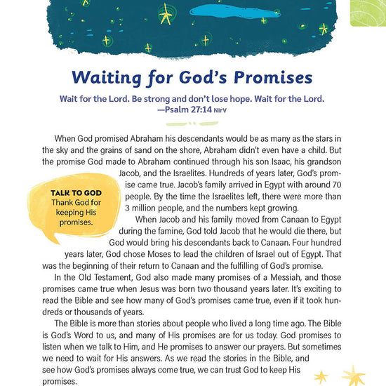 Devotional titled "Waiting for God’s Promises" with a starry night sky illustration. Includes Psalm 27:14, reflections on Abraham, Moses, and God's faithfulness, along with a prayer suggestion.