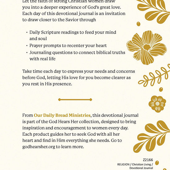 Back cover of God Loves Her Devotional Journal book with gold floral designs and text about discovering God's unending love.
