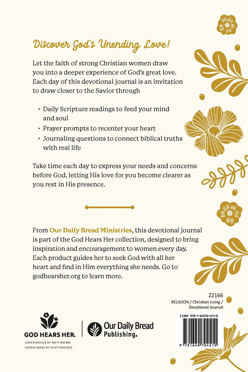 Back cover of God Loves Her Devotional Journal book with gold floral designs and text about discovering God's unending love.