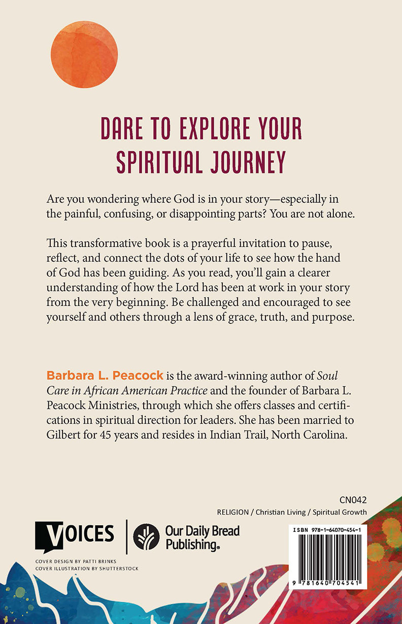 Book cover of Soul Journey book with text about challenging you to explore your spiritual journey plus author information on Barbara L. Peacock, featuring the colourful mountain background