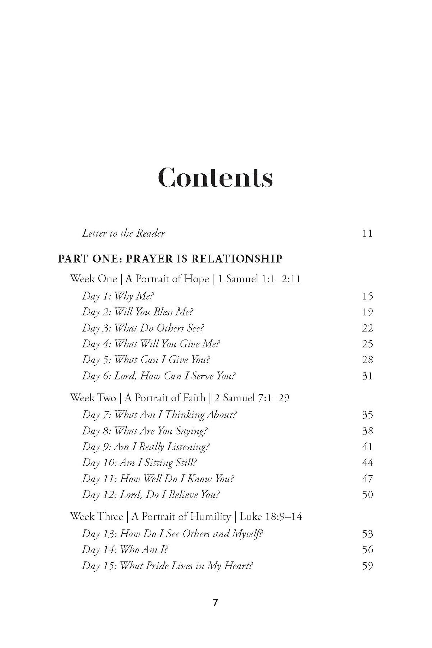 Table of contents for Closer to God prayer study book featuring chapters on hope, faith, and humility