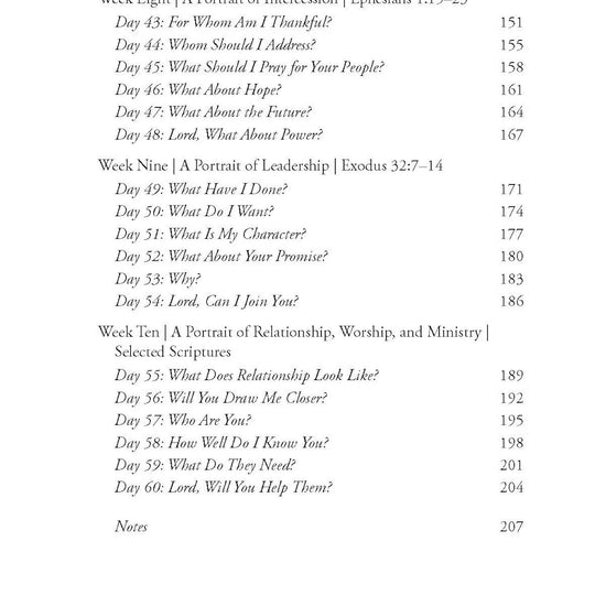 Table of contents page from Closer to God: 10-week prayer study book featuring chapters on intercession, leadership, and ministry