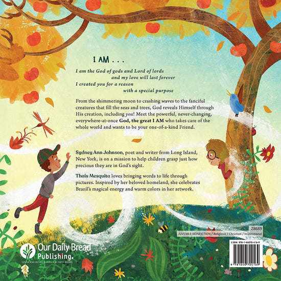 Children's book back cover with illustrations of a boy, bird, and tree, and text about God in God, The Great I AM children's book by Sydney Ann Johnson and Thais Mesquita
