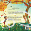 Children's book back cover with illustrations of a boy, bird, and tree, and text about God in God, The Great I AM children's book by Sydney Ann Johnson and Thais Mesquita