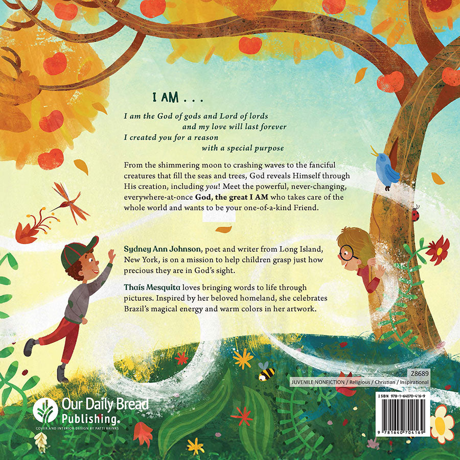 Children's book back cover with illustrations of a boy, bird, and tree, and text about God in God, The Great I AM children's book by Sydney Ann Johnson and Thais Mesquita