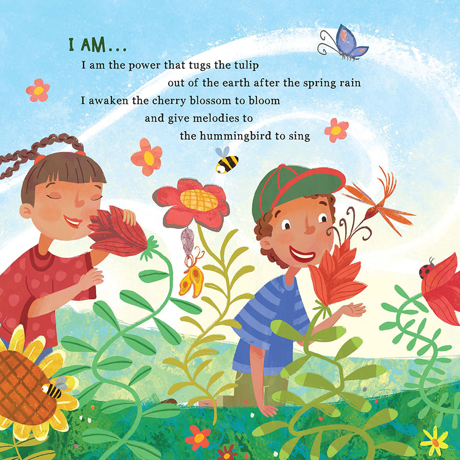 Illustrated book page with two children in a garden, surrounded by flowers and nature, with text about spring in God, the Great I AM children's book by Sydney Ann Johnson and Thais Mesquita
