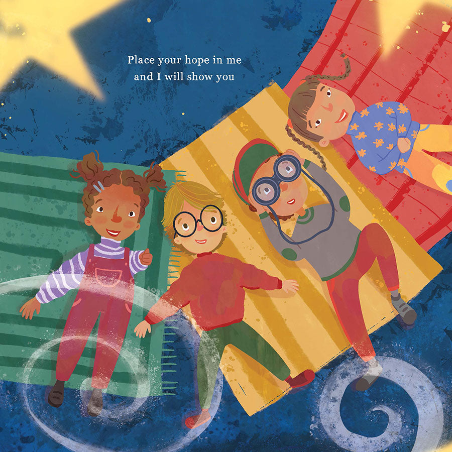 Illustration of four children on colorful blankets looking up the night sky in God, the Great I AM children's book by Sydney Ann Johnson and Thais Mesquita