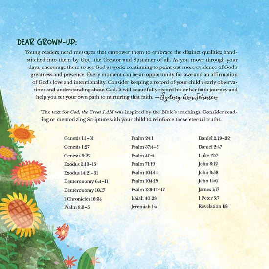Letter to "grown ups" about God and children's observations, with a colourful background and illustrations in God, The Great I AM children's book by Sydney Ann Johnson and Thais Mesquita