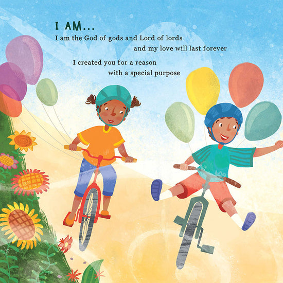 Illustration of two children on bicycles with balloons and flowers, accompanied by text in God, the Great I AM children's book by Sydney Ann Johnson and Thais Mesquita