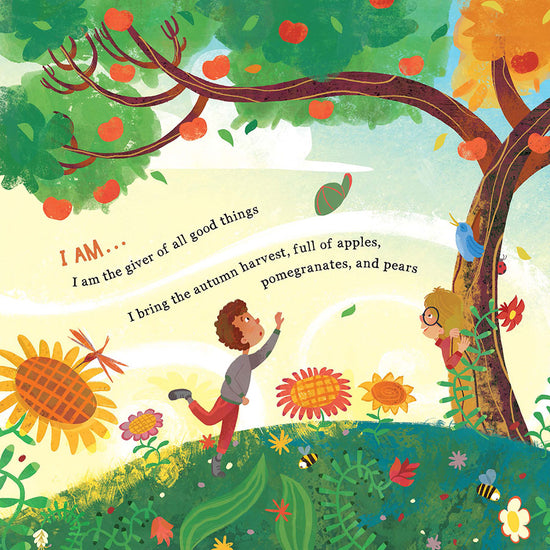 Illustration of two children in a garden with trees bearing fruits and flowers, accompanied by text in God, the Great I AM children's book by Sydney Ann Johnson and Thais Mesquita