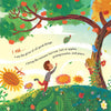 Illustration of two children in a garden with trees bearing fruits and flowers, accompanied by text in God, the Great I AM children's book by Sydney Ann Johnson and Thais Mesquita