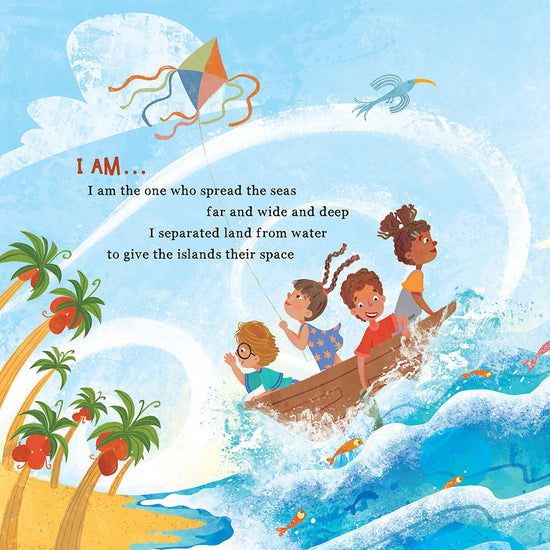 Illustration of children on a boat with a kite and palm trees, featuring text about creation in God, The Great I AM children's book by Sydney Ann Johnson and Thais Mesquita