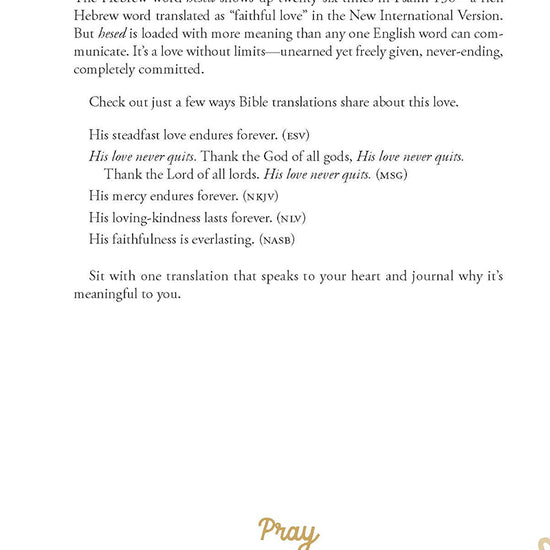 Text page from God Loves Her Devotional Journal book encouraging the reader to Connect with Psalm 136, with decorative elements on a white background