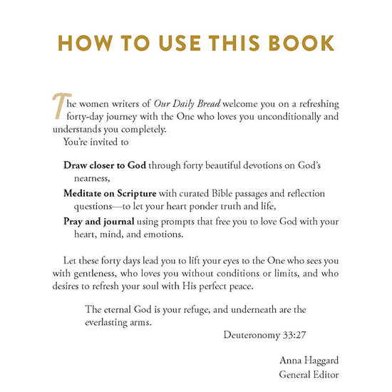 Page with 'How to Use This Book' text on a white background, highlighting the ideas of draw closer to God, meditate on Scripture and pray and journal in the God Loves Her devotional journal