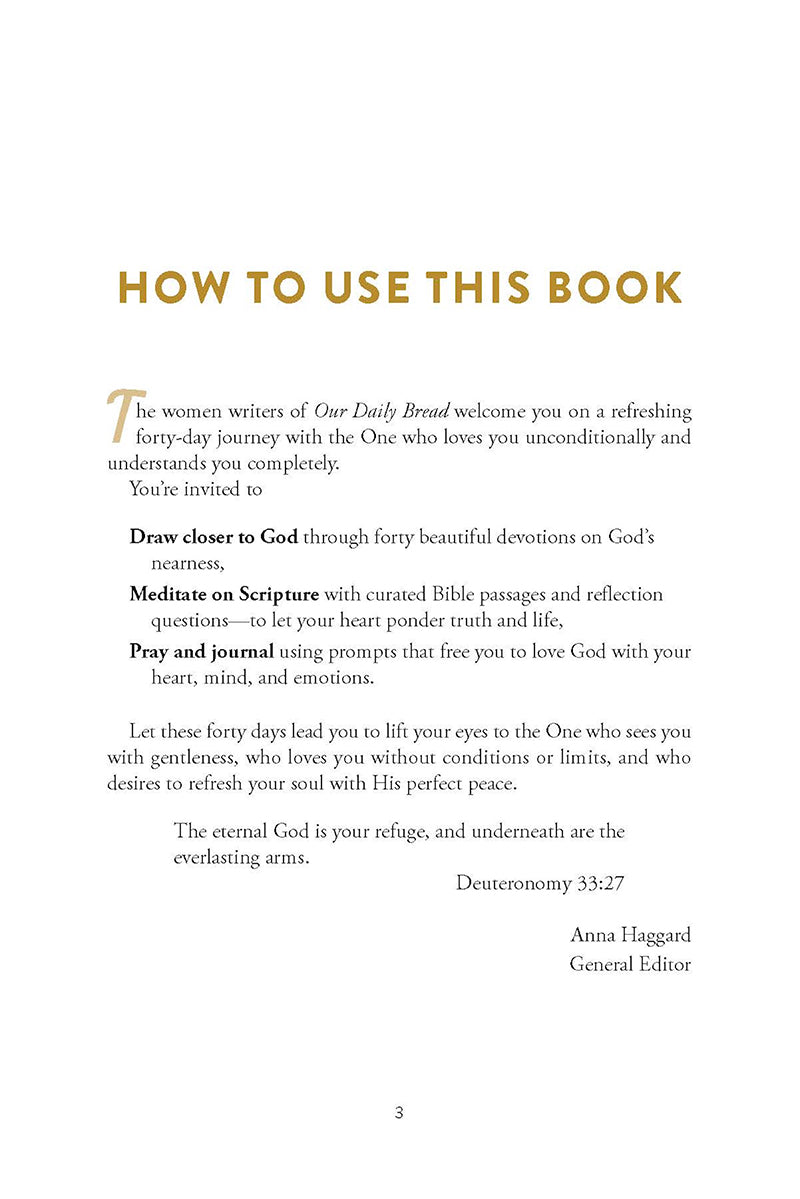 Page with 'How to Use This Book' text on a white background, highlighting the ideas of draw closer to God, meditate on Scripture and pray and journal in the God Loves Her devotional journal