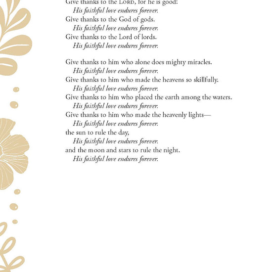 Psalm 136:1-9 text with decorative floral elements on a white background in the God Loves Her devotional journal book