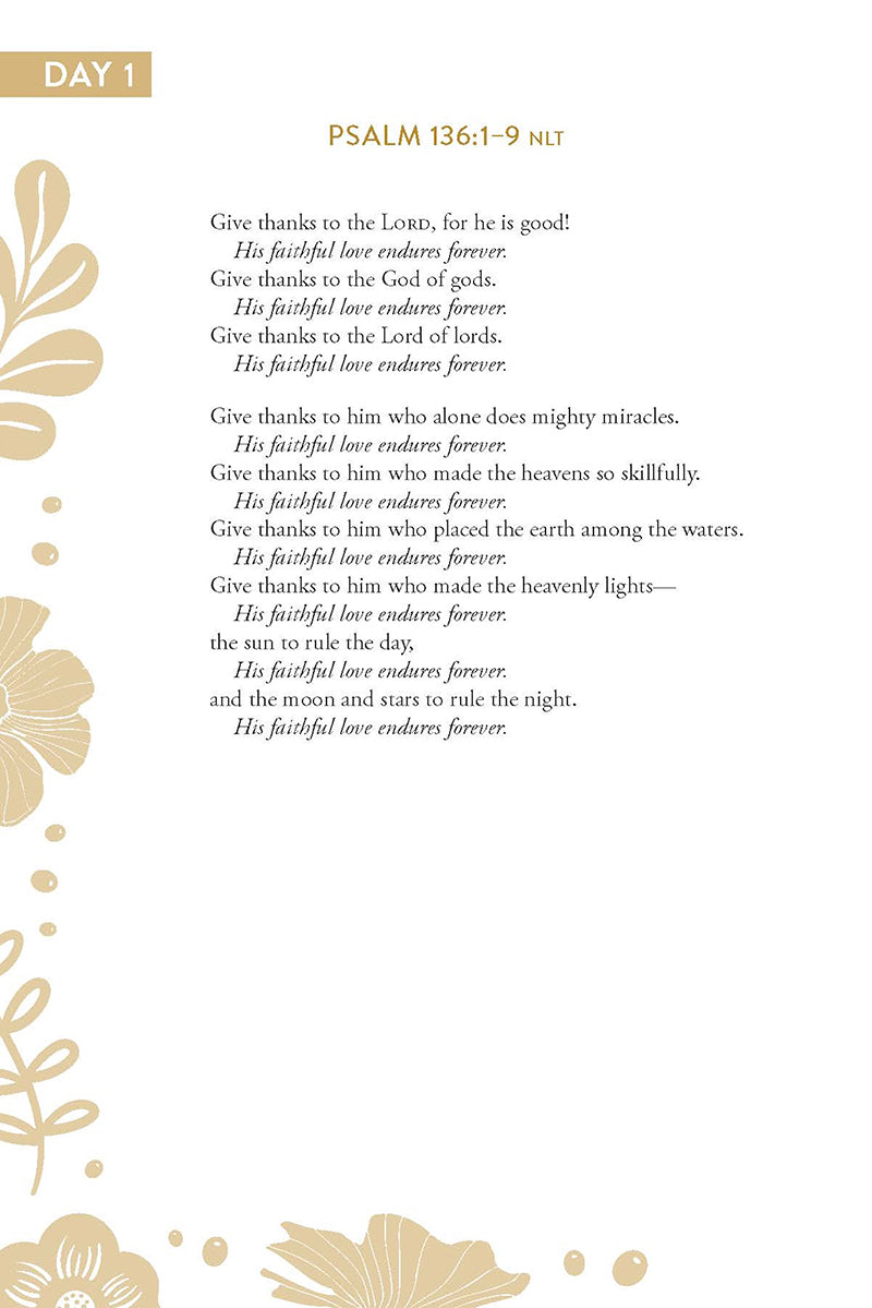 Psalm 136:1-9 text with decorative floral elements on a white background in the God Loves Her devotional journal book