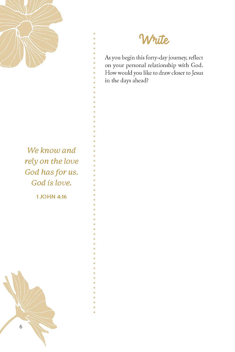 Journal page with floral design and reflective writing prompt on a white background in the God Loves Her devotional journal book