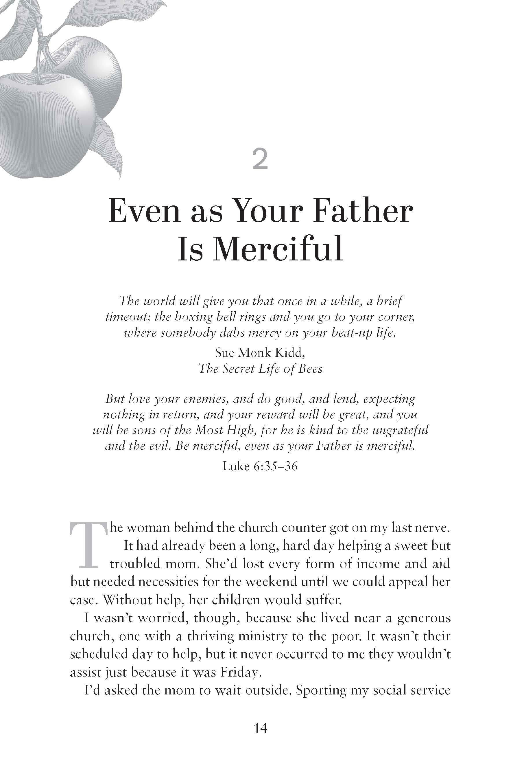 Chapter 2 text entitled Even As Your Father is Merciful with a decorative apple illustration on a white background from God's Abundant Mercy book