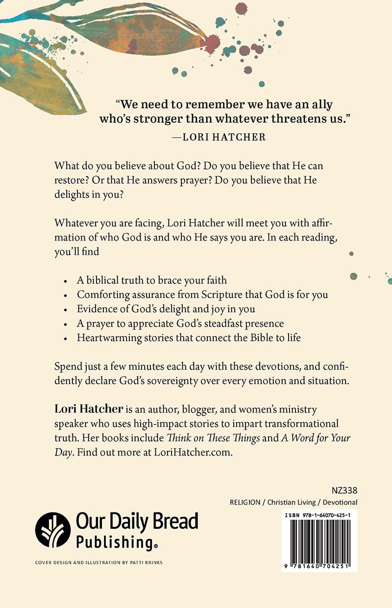 Back cover of the book 'Lord, I Believe' by Lori Hatcher on a beige background with an illustration of a leaf similar to imagery on the front cover