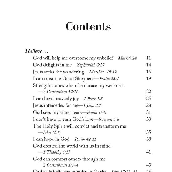 Table of contents page featuring such chapters as God Delights In Me and I Don't Have To Earn God's Love in the book 'Lord, I Believe' by Lori Hatcher