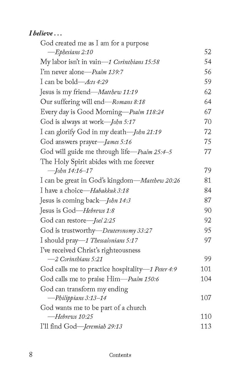 Table of contents page featuring such chapters as My Labour isn't in Vain and I'm Never Alone in the book 'Lord, I Believe' by Lori Hatcher