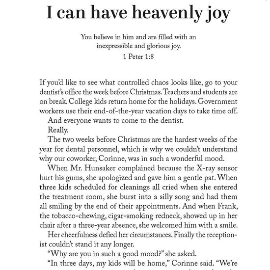Text page with a quote about heavenly joy and a dental office anecdote in the book 'Lord, I Believe' by Lori Hatcher