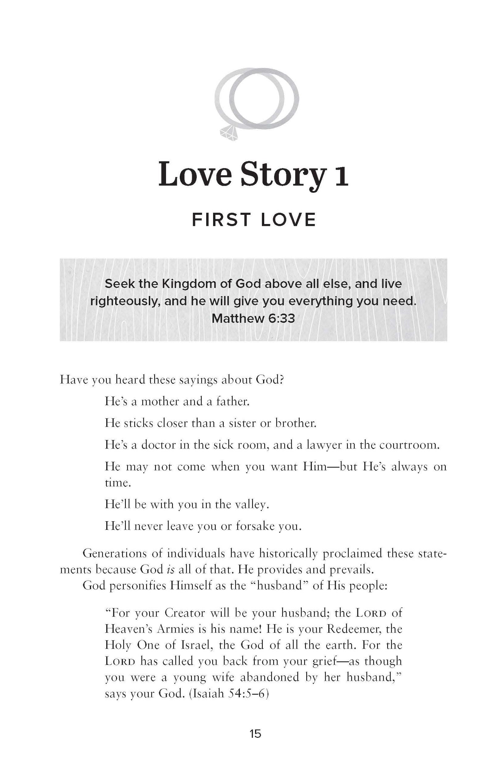 Text 'Love Story 1' chapter with a biblical quote and questions about God in Not Easily Broken by Joyce & Steven Dinkins