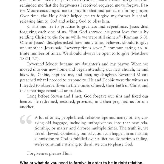 Text from Not Easily Broken book by Joyce & Steven Dinkins with a white background that leads to reflection questions relating to forgiveness