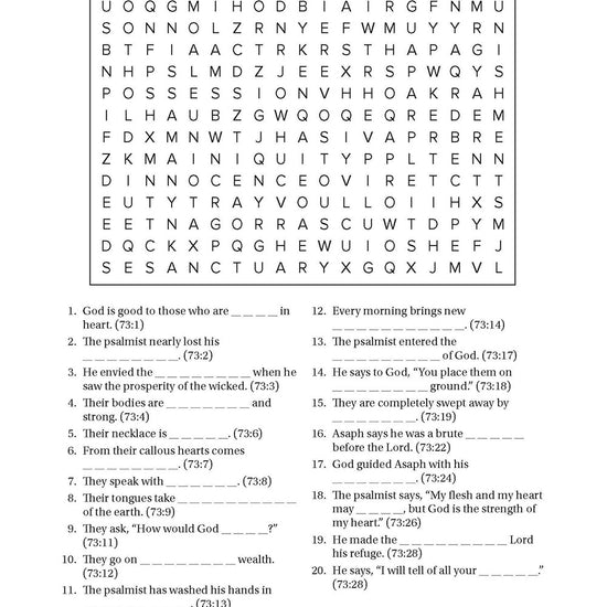 Black and white crossword puzzle with clues on a white background in Search the Scriptures Psalms 73-150, a word find book by Our Daily Bread Ministries