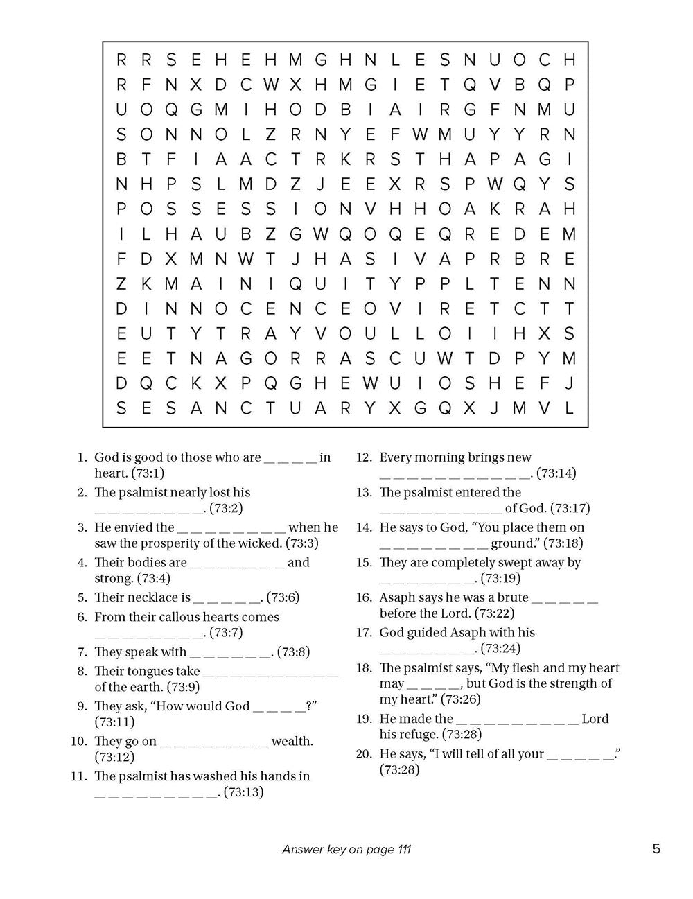 Black and white crossword puzzle with clues on a white background in Search the Scriptures Psalms 73-150, a word find book by Our Daily Bread Ministries