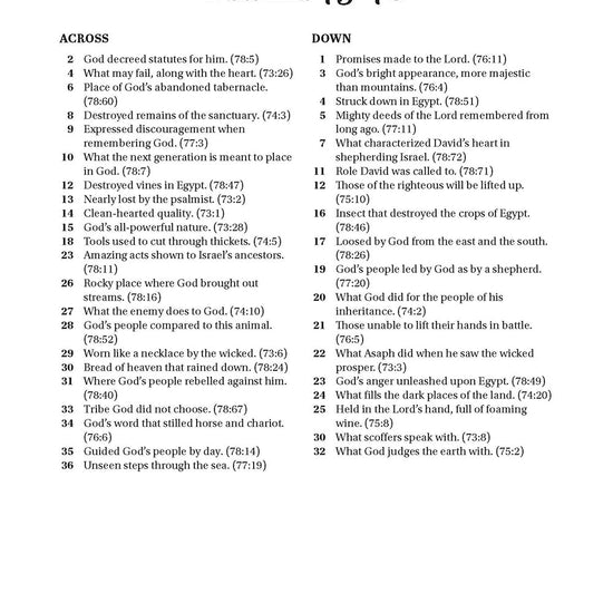 Text on white background of across and down clues in Search the Scriptures Psalms 73-150, a word find book by Our Daily Bread Ministries