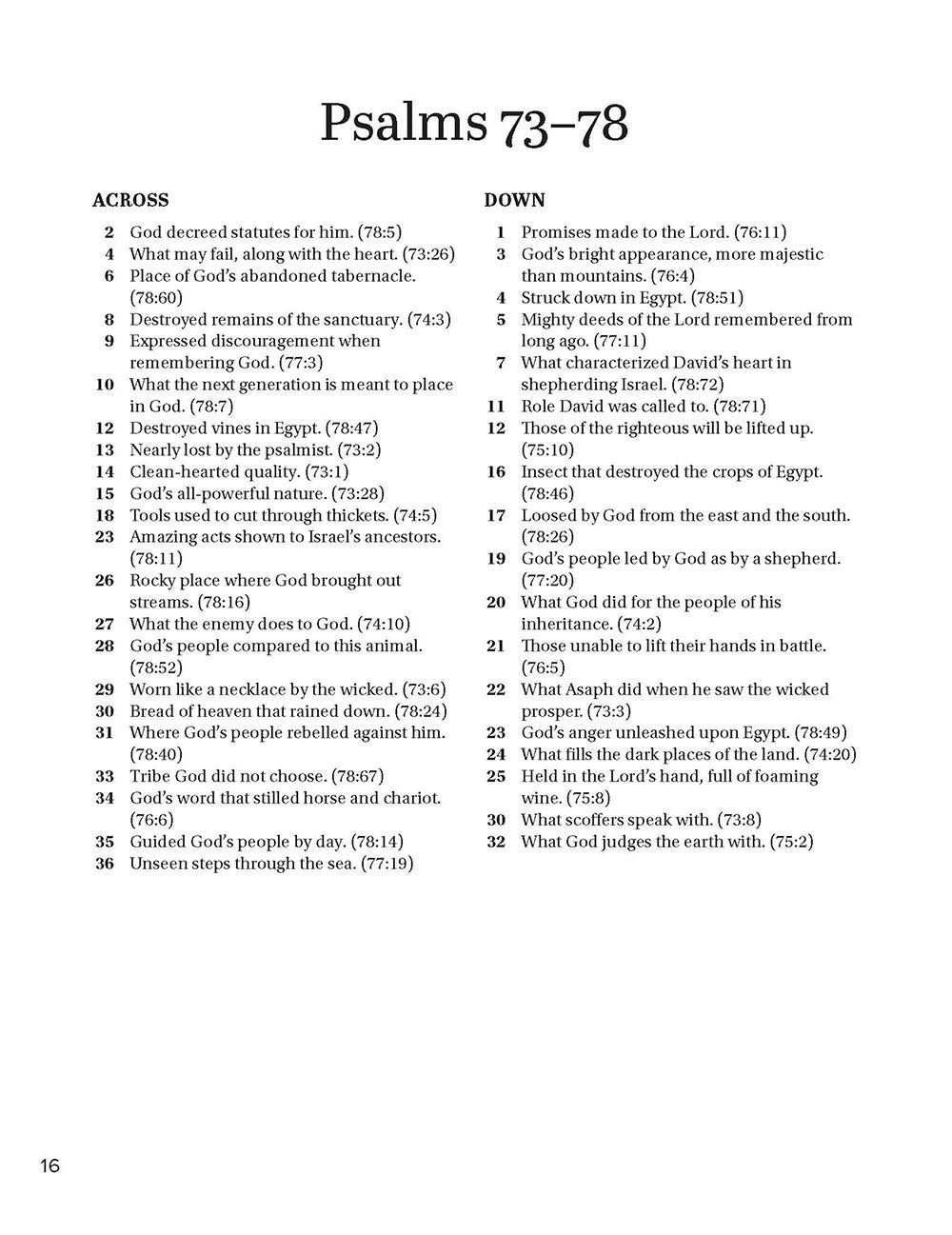 Text on white background of across and down clues in Search the Scriptures Psalms 73-150, a word find book by Our Daily Bread Ministries