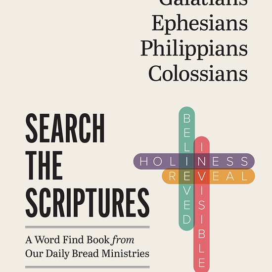 Book cover of 'Galatians, Ephesians, Philippians, Colossians: Search the Scriptures,' a word find book from Our Daily Bread Ministries with a crossword-style design making the shape of a cross on a beige background.