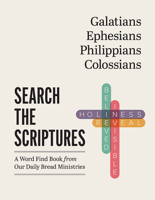 Book cover of 'Galatians, Ephesians, Philippians, Colossians: Search the Scriptures,' a word find book from Our Daily Bread Ministries with a crossword-style design making the shape of a cross on a beige background.