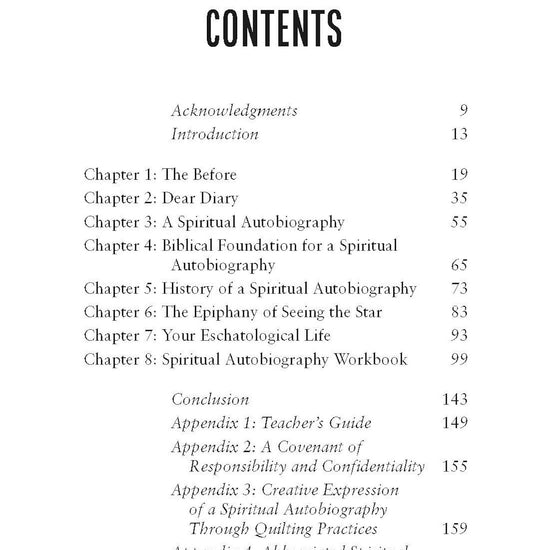Table of contents for Soul Journey book by Barbara Peacock on a white background featuring such chapters as The Before and the Biblical Foundation for A Spiritual Autobiography