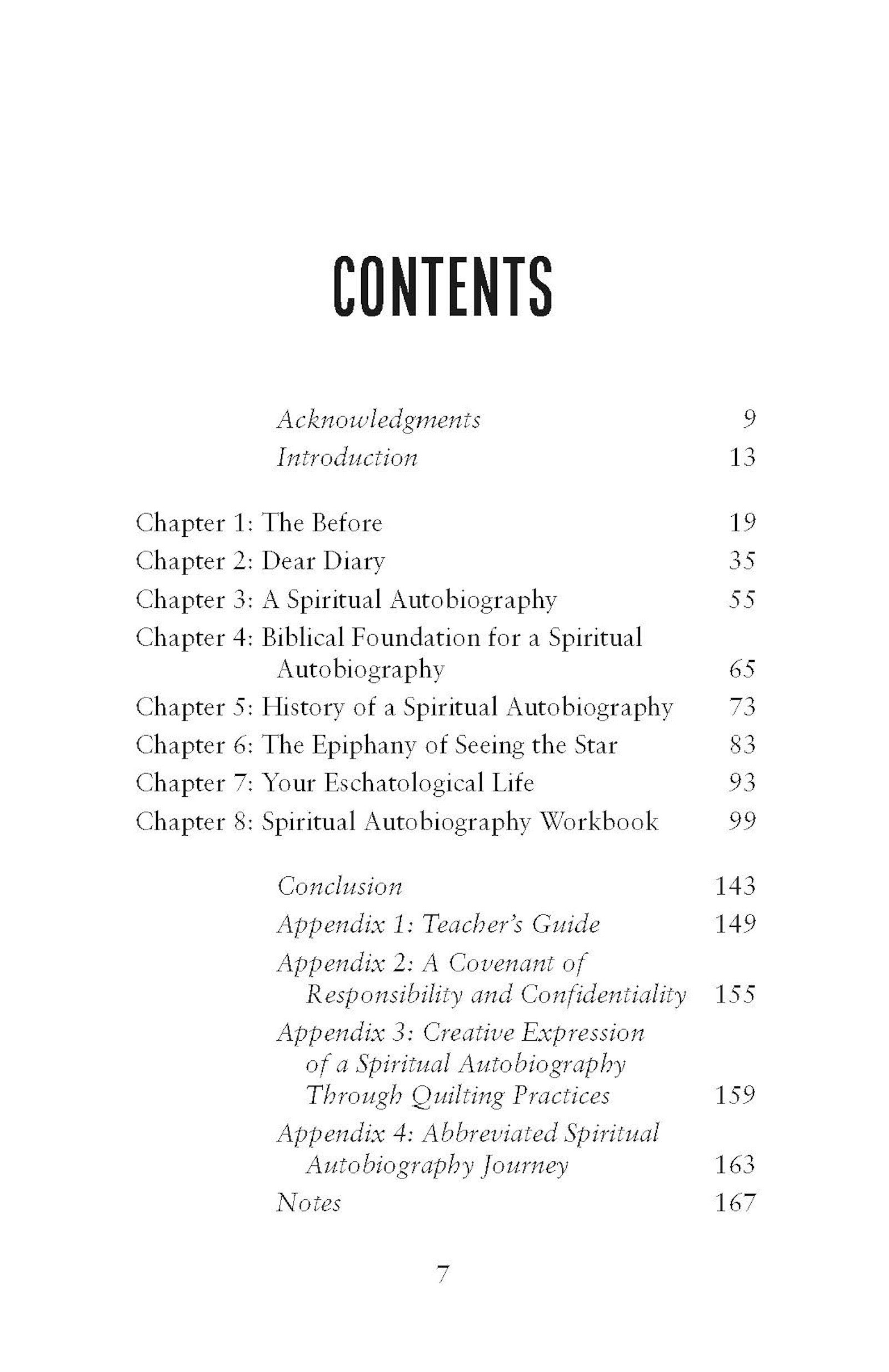 Table of contents for Soul Journey book by Barbara Peacock on a white background featuring such chapters as The Before and the Biblical Foundation for A Spiritual Autobiography