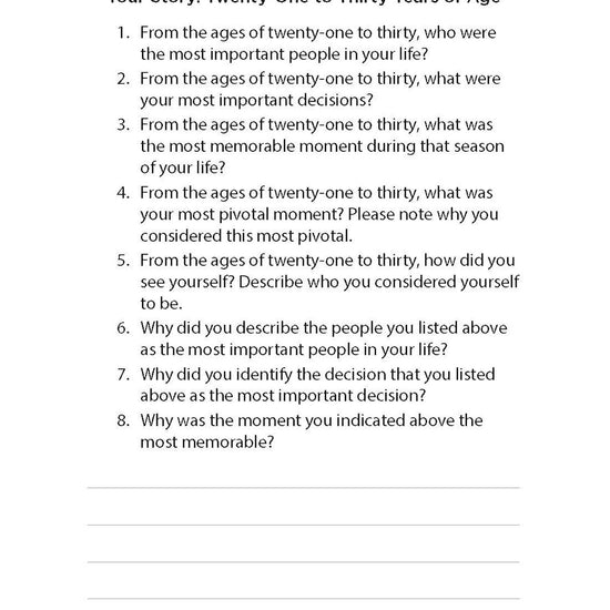 Reflection questions covering 'Your Second Quarter of Life,' asking about important people, decisions, and moments from ages 21 to 30 in Soul Journey book by Barbara L. Peacock