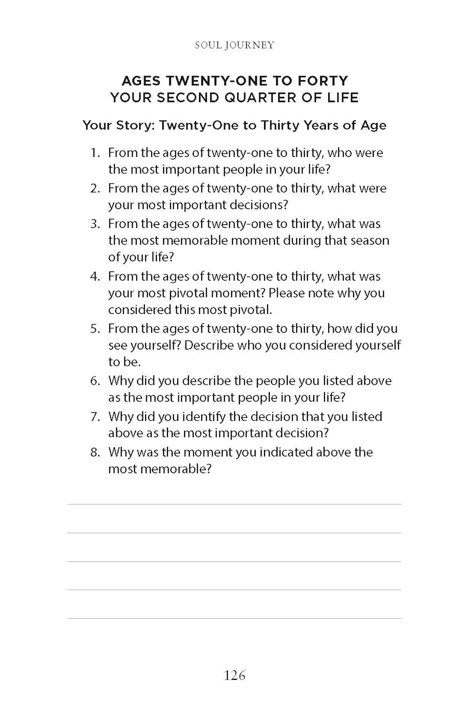 Reflection questions covering 'Your Second Quarter of Life,' asking about important people, decisions, and moments from ages 21 to 30 in Soul Journey book by Barbara L. Peacock