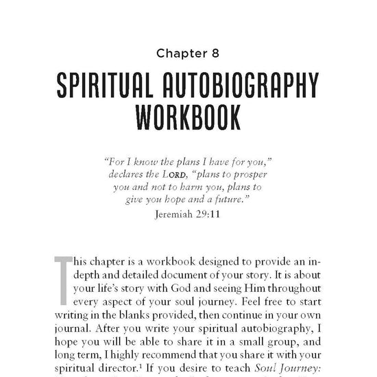 Chapter 8 of a 'Spiritual Autobiography Workbook' with text and a verse reference from Jeremiah on a white background from Soul Journey book by Barbara L. Peacock