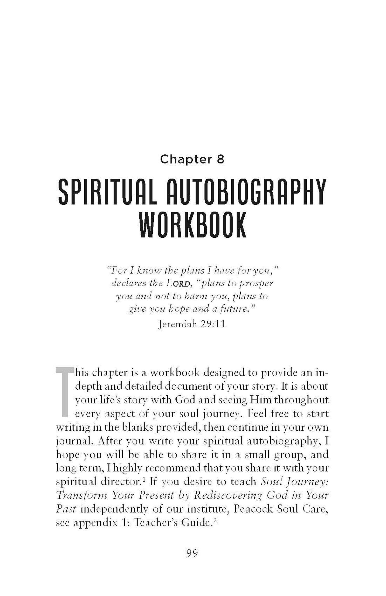 Chapter 8 of a 'Spiritual Autobiography Workbook' with text and a verse reference from Jeremiah on a white background from Soul Journey book by Barbara L. Peacock