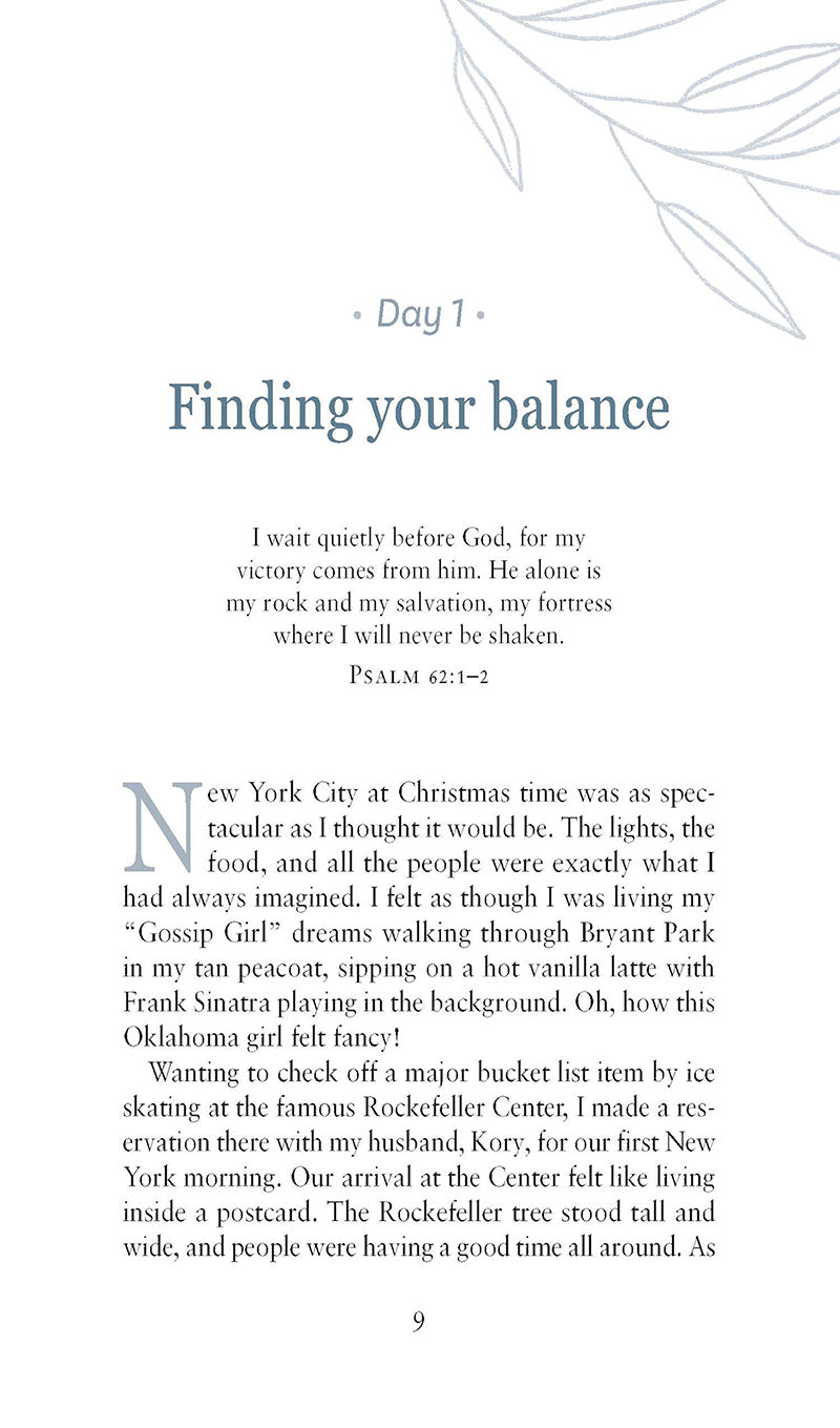 Text page from Day 1 devotional called Finding Your Balance the book He's Still Good by Katie Dietz in the God Hears Her Collection of Our Daily Bread Publishing on a white background with a sketched leaf image in the upper right side of page.