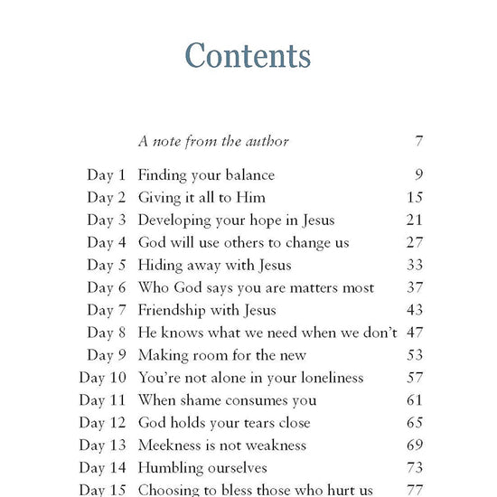 Table of contents for He's Still Good by Katie Dietz in the God Hears Her Collection of Our Daily Bread Publishing with chapter titles such as "finding your balance" and "friendship with Jesus" on a white background.
