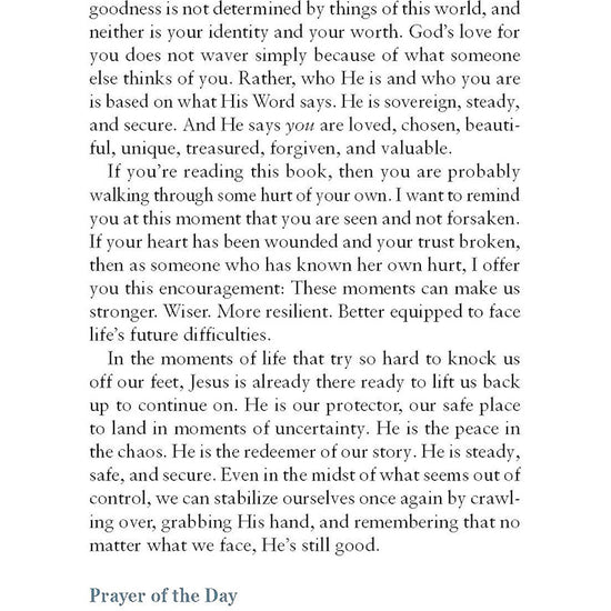 Text page from the book He's Still Good by Katie Dietz in the God Hears Her Collection of Our Daily Bread Publishing on a white background, that includes a prayer at the bottom of the page.